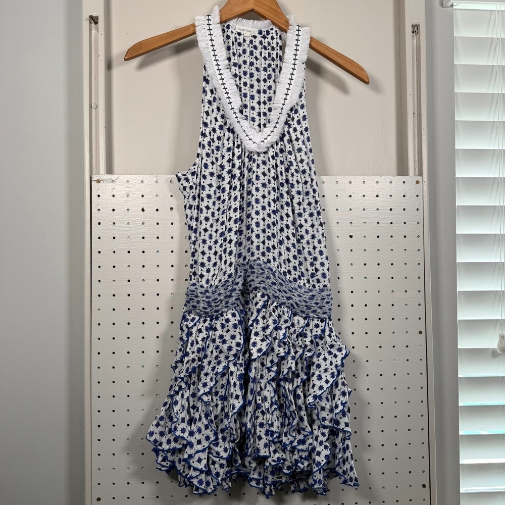 Poupette St Barth Belinda Mini Dress Womens Blue Diamond Printed Ruffle Hem - XS
